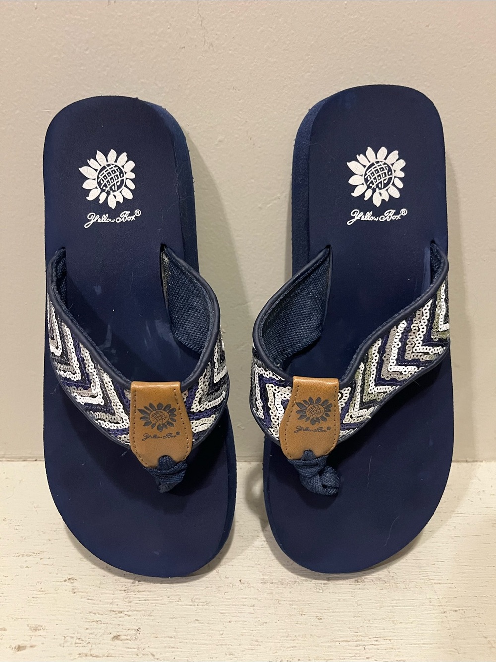 Yellow Box Navy and White Beaded Chevron Toe-Post Sandals - Picture 2 of 5